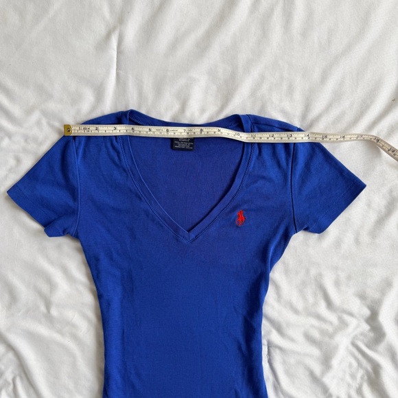 Ralph Lauren Women's V-Neck Polo Tee in Cobalt Blue with Red Logo - Picture 6 of 8